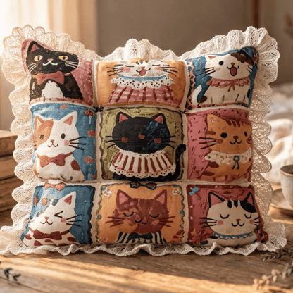 Lace‑Trim Grid‑Cat Cotton Chair Cushion