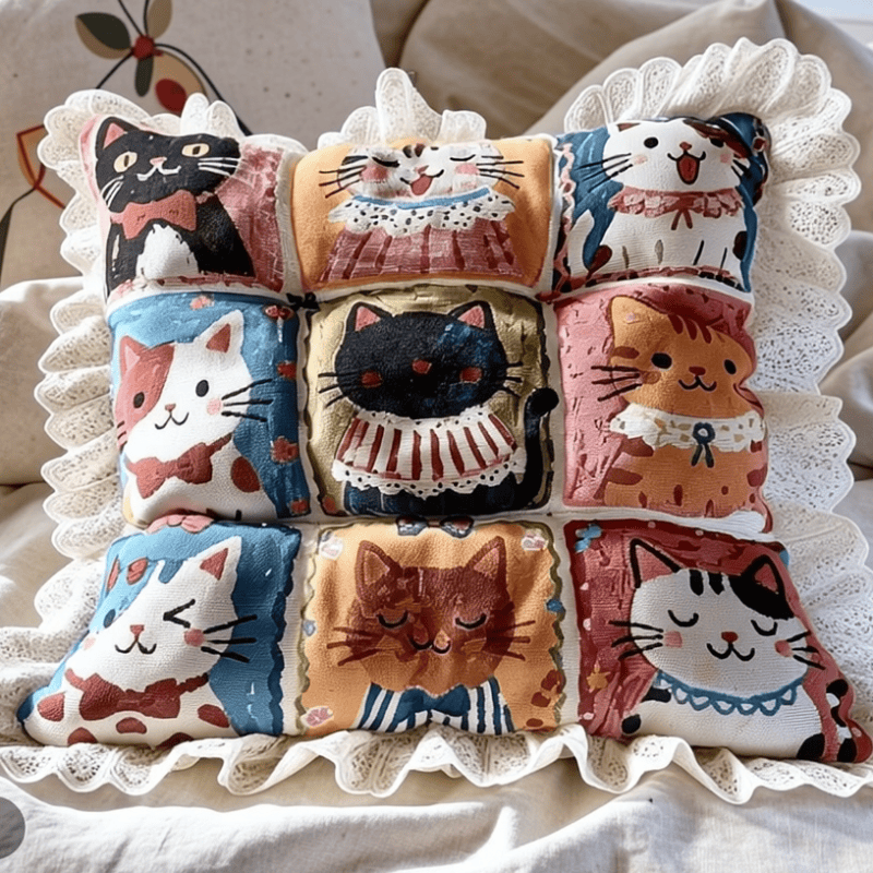 Lace‑Trim Grid‑Cat Cotton Chair Cushion