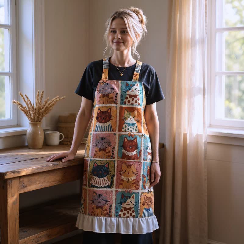 Grid‑Cat Print Cotton Ruffled Cooking Apron