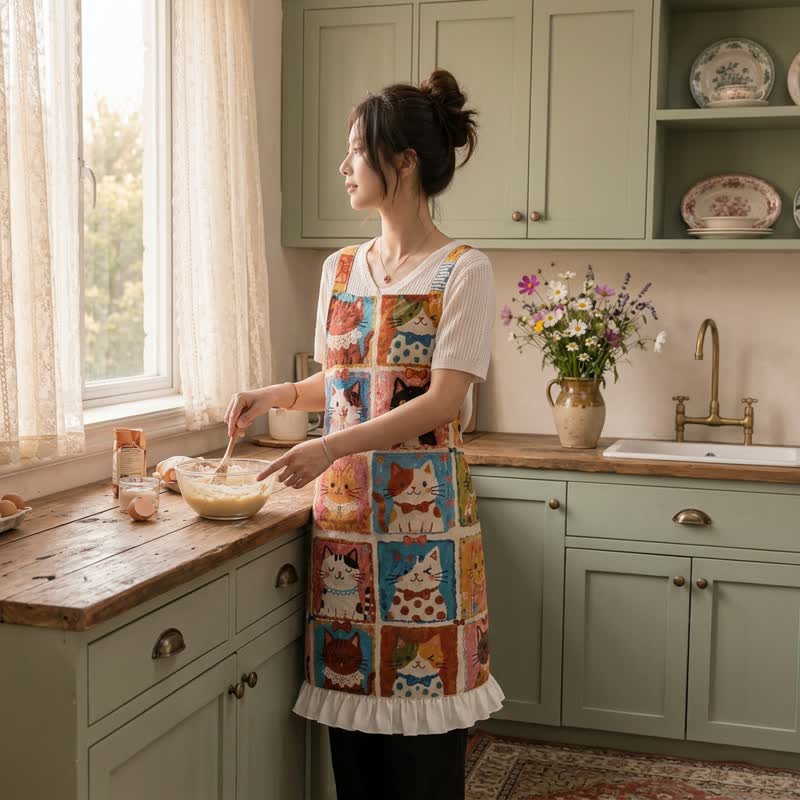 Grid‑Cat Print Cotton Ruffled Cooking Apron