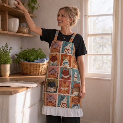 Grid‑Cat Print Cotton Ruffled Cooking Apron