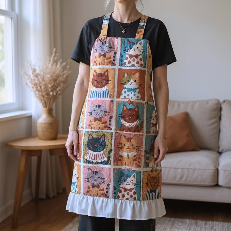 Grid‑Cat Print Cotton Ruffled Cooking Apron