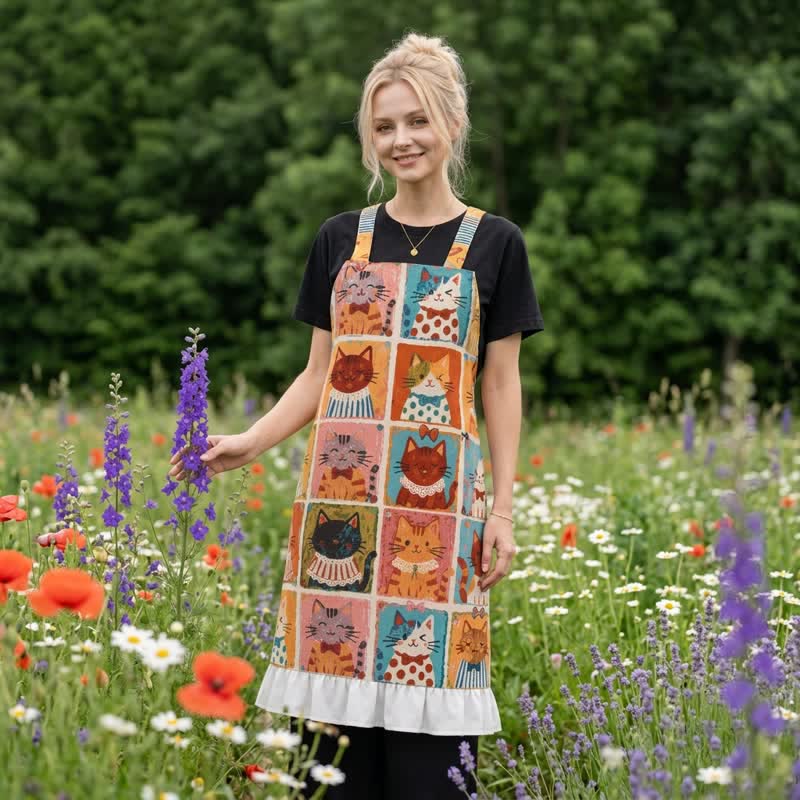 Grid‑Cat Print Cotton Ruffled Cooking Apron
