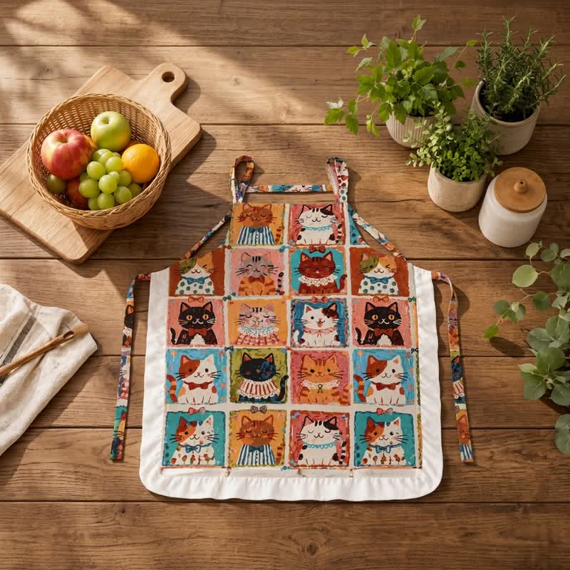 Grid‑Cat Print Cotton Ruffled Cooking Apron