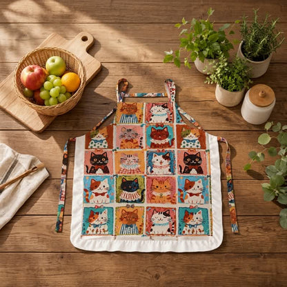 Grid‑Cat Print Cotton Ruffled Cooking Apron