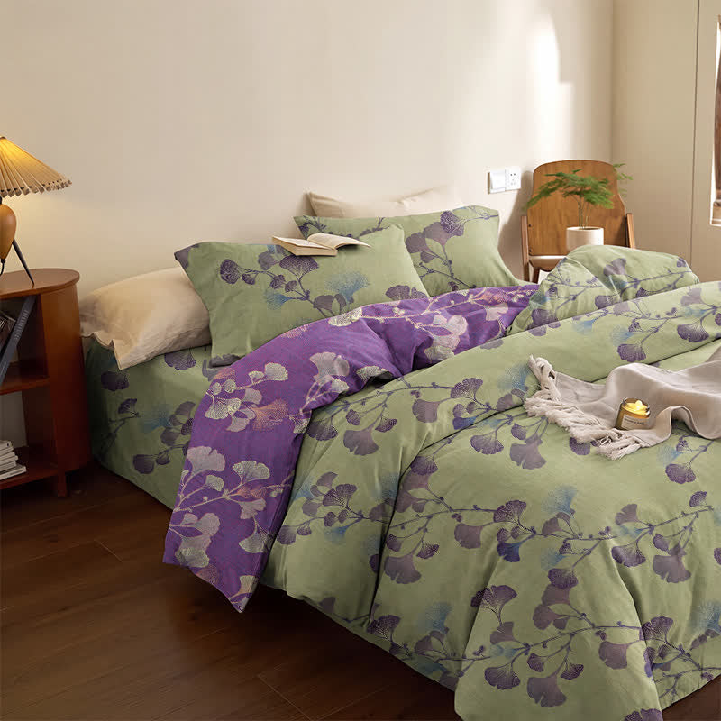 Retro Ginkgo Leaf Cotton Reversible Bedding Set