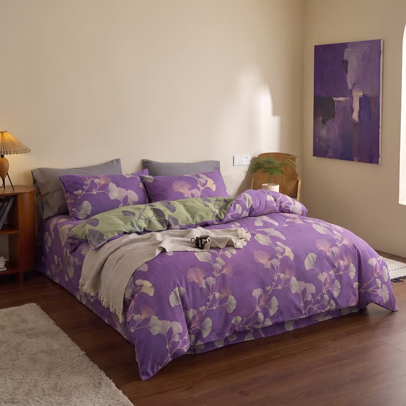 Retro Ginkgo Leaf Cotton Reversible Bedding Set