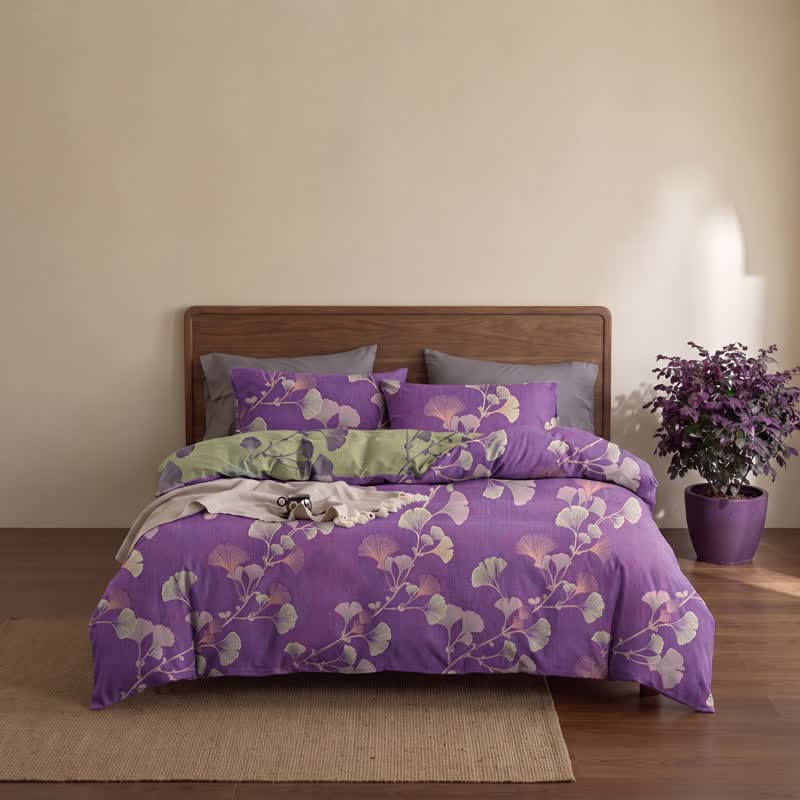 Retro Ginkgo Leaf Cotton Reversible Bedding Set