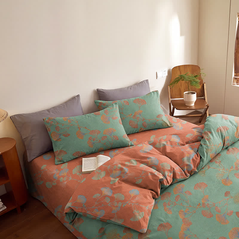 Retro Ginkgo Leaf Cotton Reversible Bedding Set