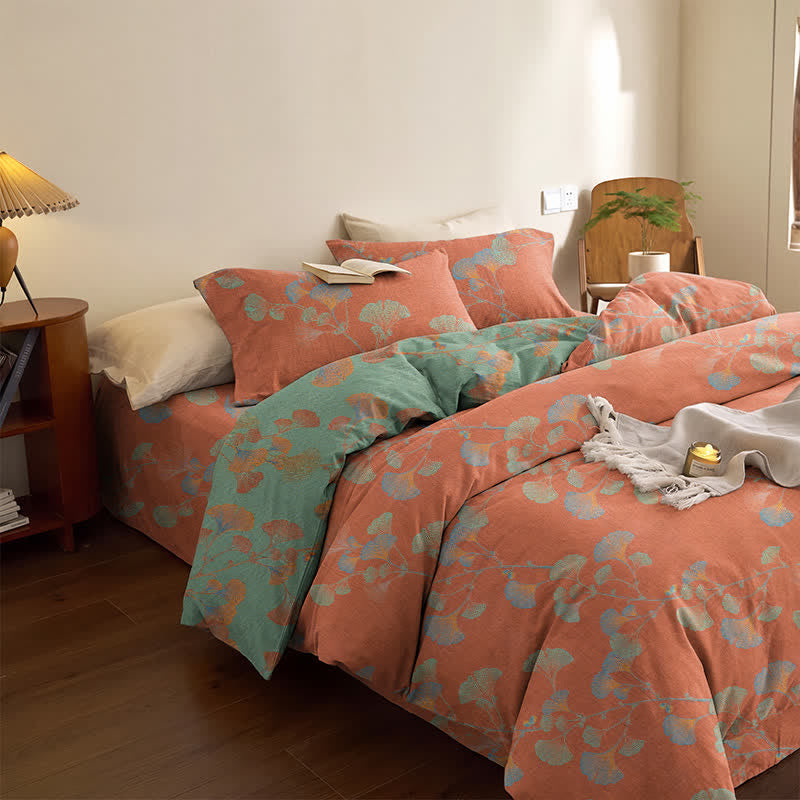 Retro Ginkgo Leaf Cotton Reversible Bedding Set