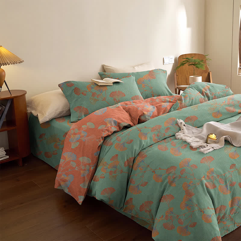 Retro Ginkgo Leaf Cotton Reversible Bedding Set