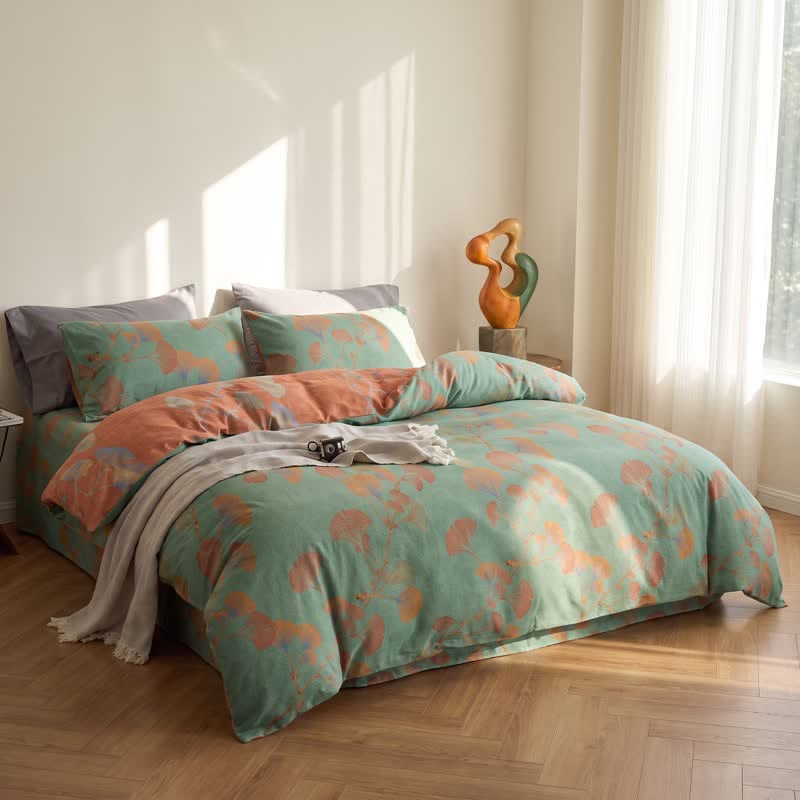 Retro Ginkgo Leaf Cotton Reversible Bedding Set