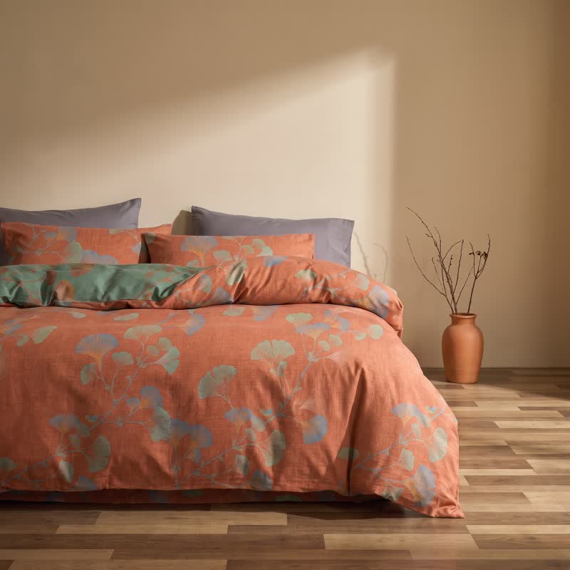 Retro Ginkgo Leaf Cotton Reversible Bedding Set
