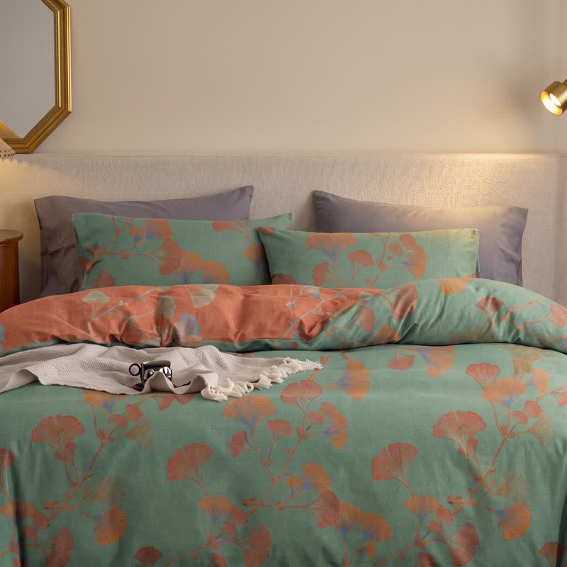 Retro Ginkgo Leaf Cotton Reversible Bedding Set