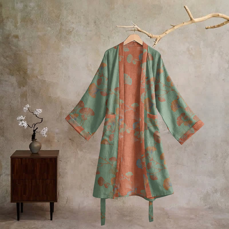 Retro Ginkgo Leaf Cotton Kimono Robe