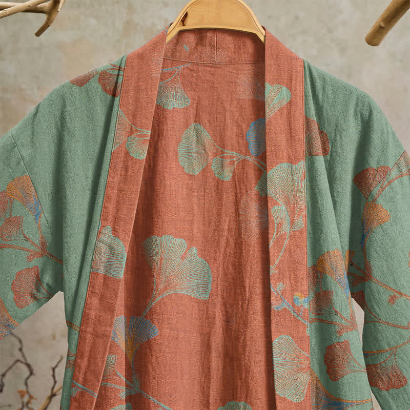 Retro Ginkgo Leaf Cotton Kimono Robe