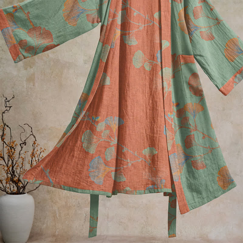 Retro Ginkgo Leaf Cotton Kimono Robe
