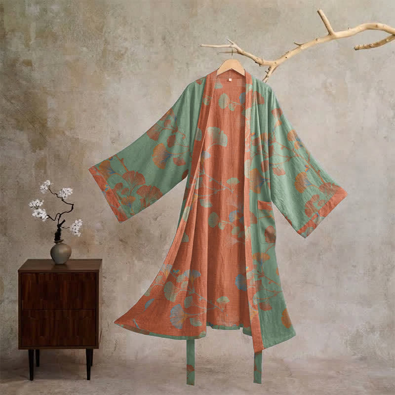 Retro Ginkgo Leaf Cotton Kimono Robe