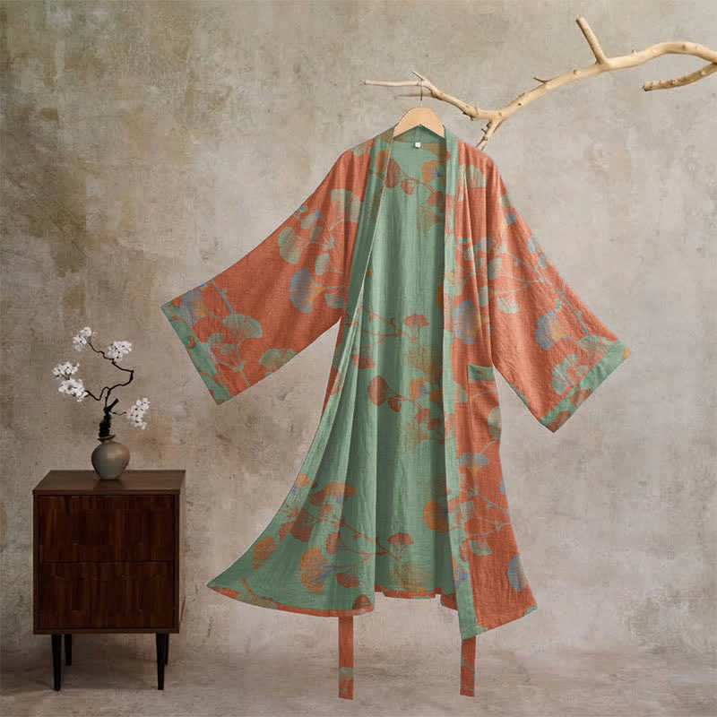 Retro Ginkgo Leaf Cotton Kimono Robe