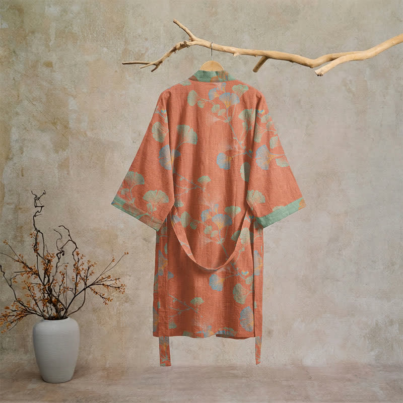 Retro Ginkgo Leaf Cotton Kimono Robe