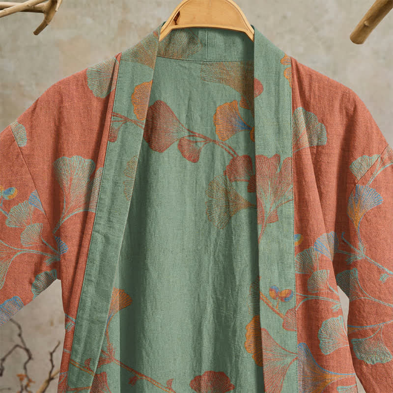 Retro Ginkgo Leaf Cotton Kimono Robe