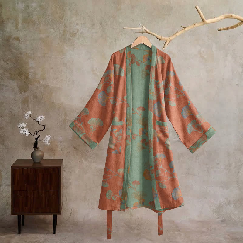 Retro Ginkgo Leaf Cotton Kimono Robe