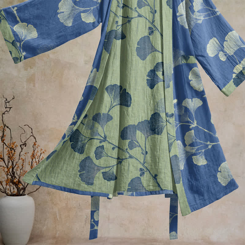 Retro Ginkgo Leaf Cotton Kimono Robe