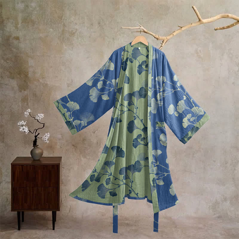 Retro Ginkgo Leaf Cotton Kimono Robe