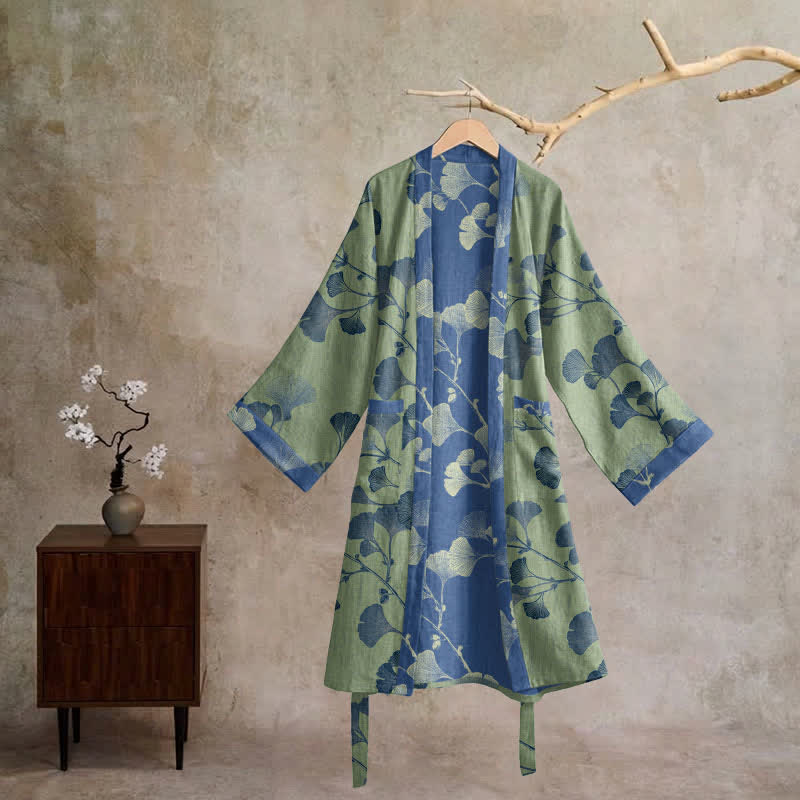 Retro Ginkgo Leaf Cotton Kimono Robe