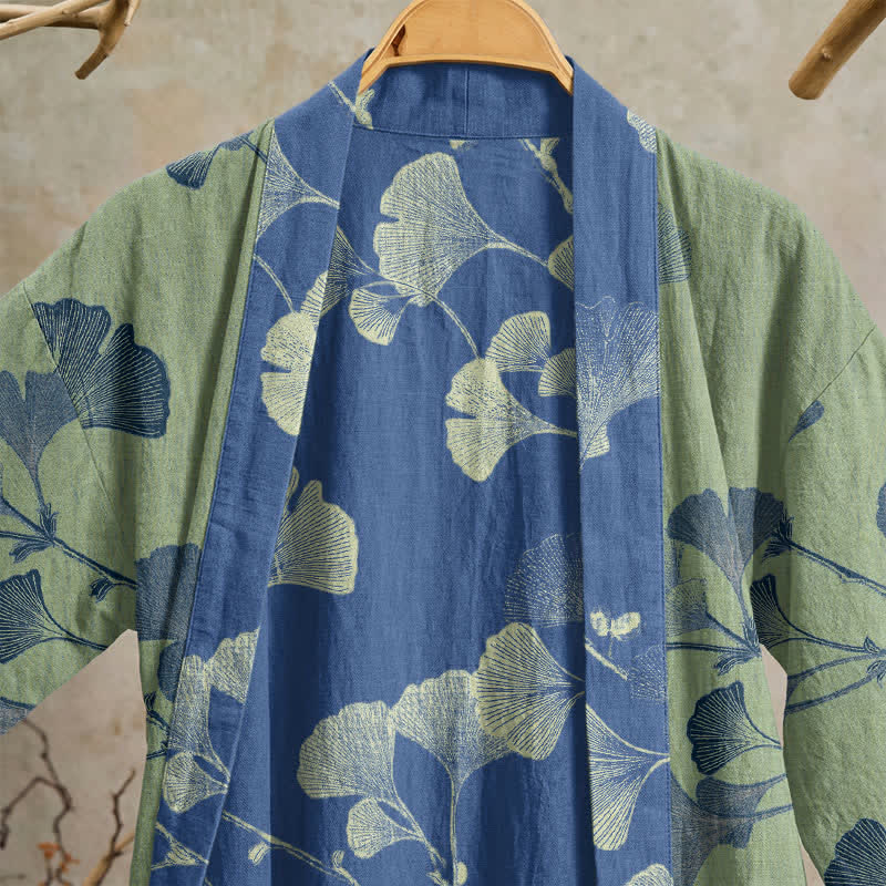 Retro Ginkgo Leaf Cotton Kimono Robe