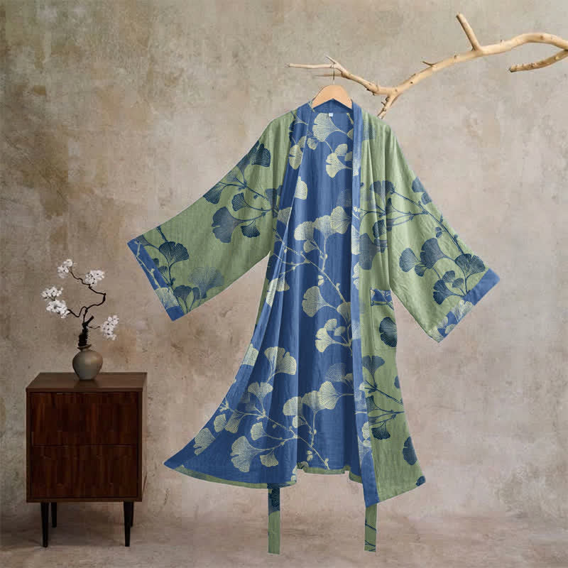 Retro Ginkgo Leaf Cotton Kimono Robe