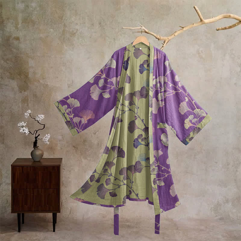 Retro Ginkgo Leaf Cotton Kimono Robe