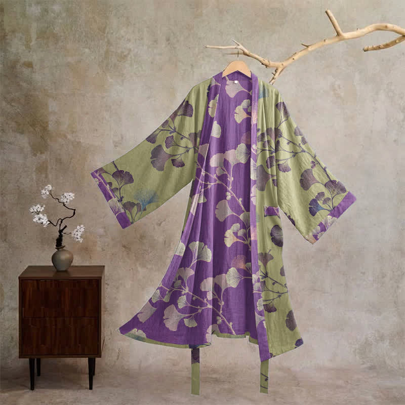 Retro Ginkgo Leaf Cotton Kimono Robe