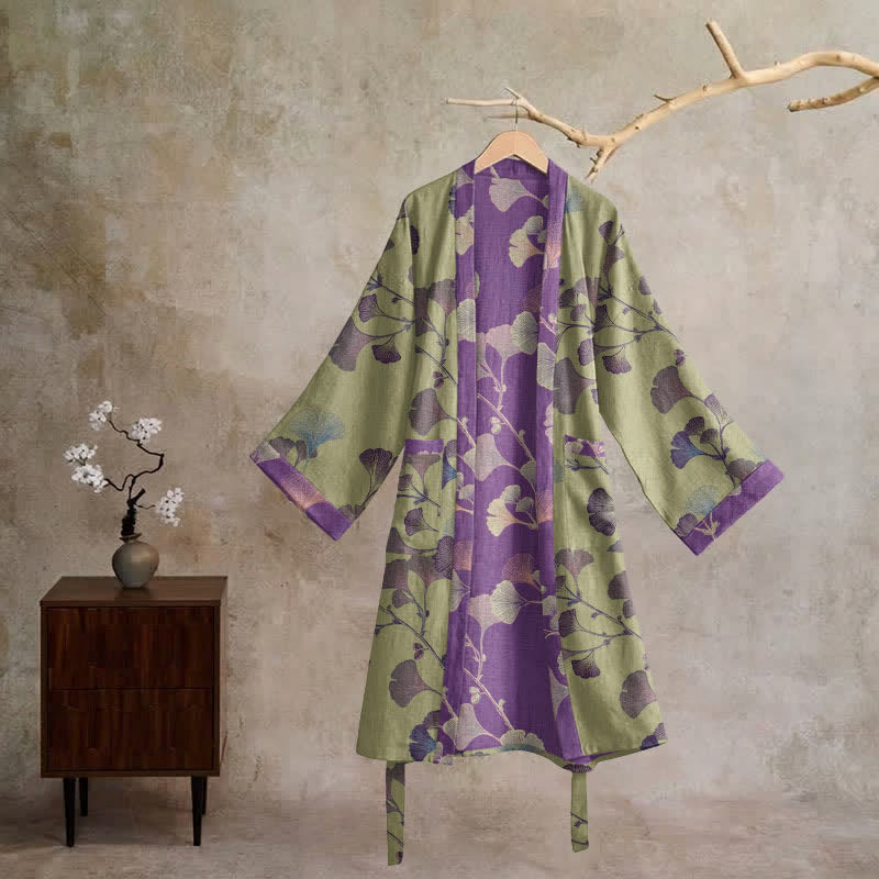 Retro Ginkgo Leaf Cotton Kimono Robe