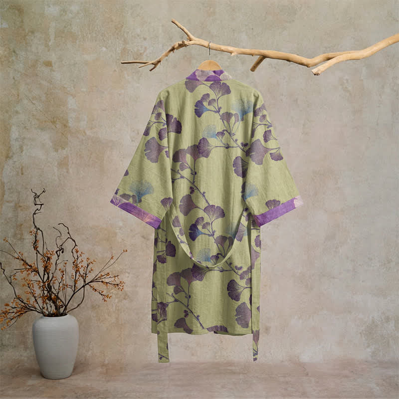 Retro Ginkgo Leaf Cotton Kimono Robe
