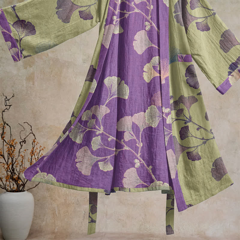 Retro Ginkgo Leaf Cotton Kimono Robe