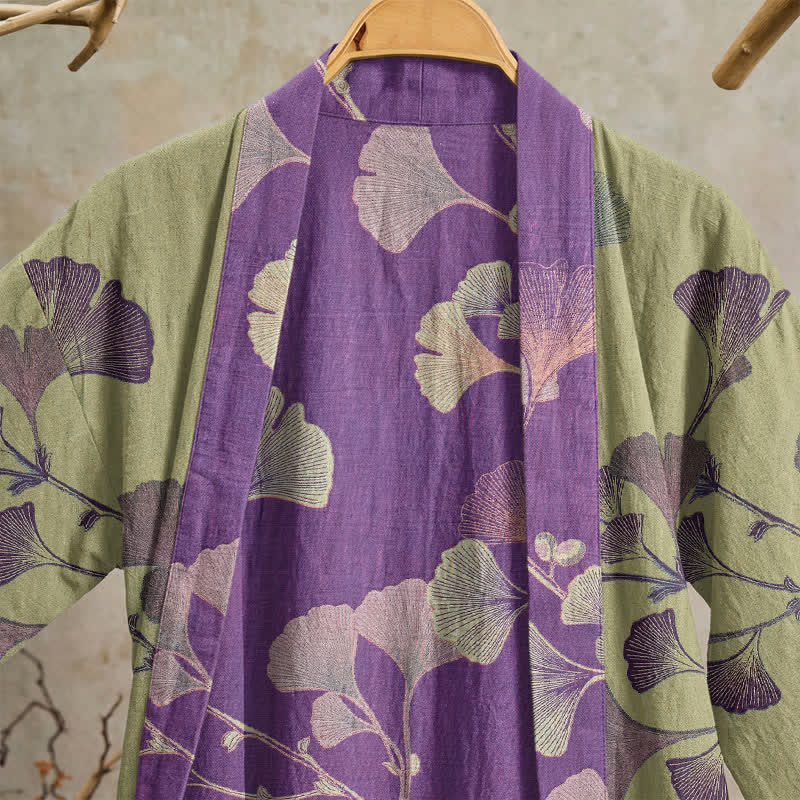 Retro Ginkgo Leaf Cotton Kimono Robe