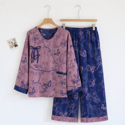 Retro Purple Butterfly Floral Cotton Loungewear Set