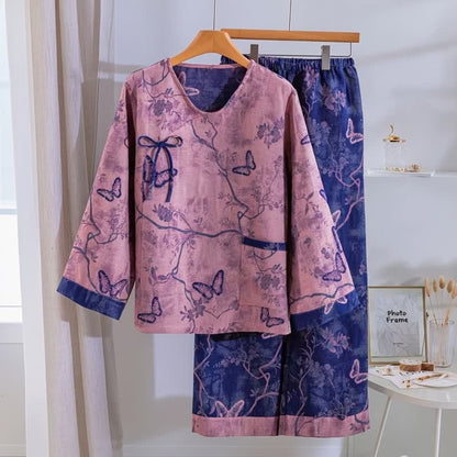 Retro Purple Butterfly Floral Cotton Loungewear Set