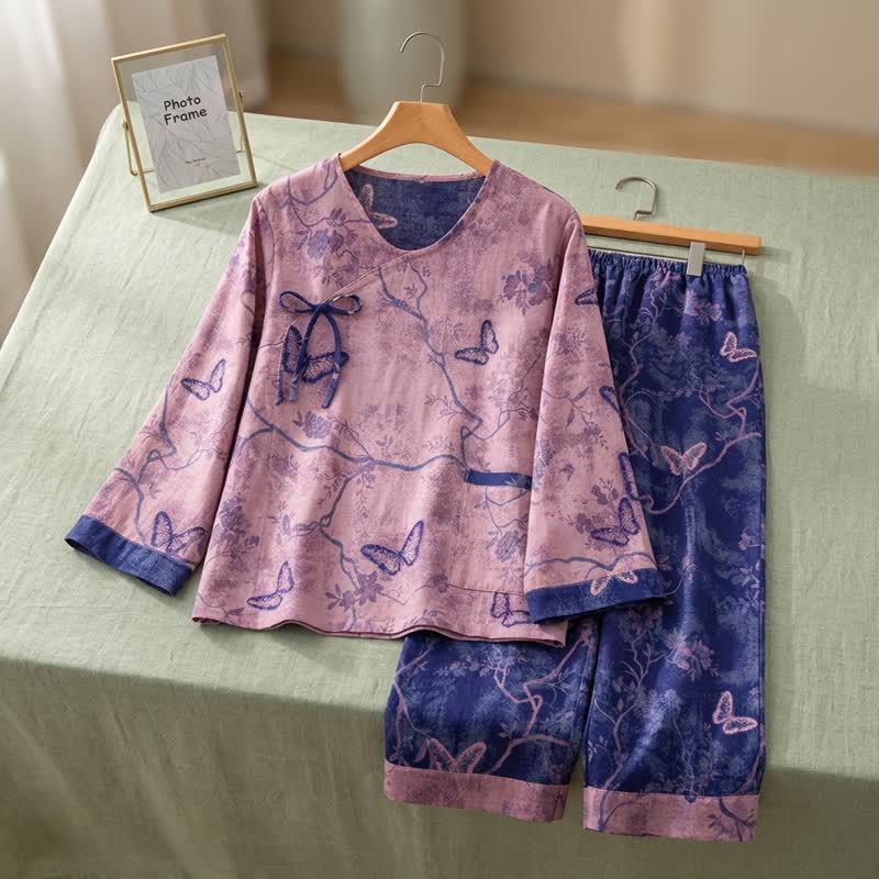 Retro Purple Butterfly Floral Cotton Loungewear Set
