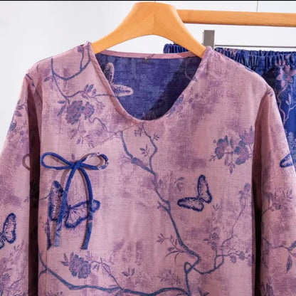 Retro Purple Butterfly Floral Cotton Loungewear Set