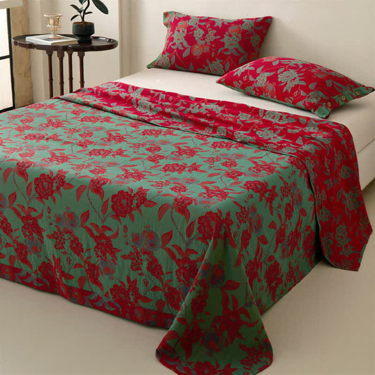 Opulent Floral Muslin Reversible Bedspread bedding Bedding Set Bedroom Bedspread Bedspread Set Cotton Cotton Linen Look Coverlet Floral Floral Print Goldenrod Bedding Green Home Decor King Natural Fiber Look Nature Inspired Purple Queen Red Reversible Spring Bedding Textured Fabric Look Twin