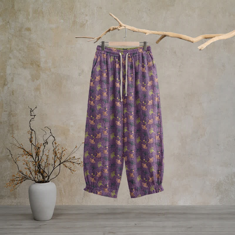 Retro‑Style Ginkgo Leaf Cotton Loose Lounge Pants Autumn Black Breathable Casual Pants Cotton Cotton Gauze Gauze Ginkgo Leaf Homewear L Leaf Loungewear newin260810 Nightwear Pajama Pajama Pants Pants Purple Sleep Pants Sleepwear Spring Summer Vintage women XL