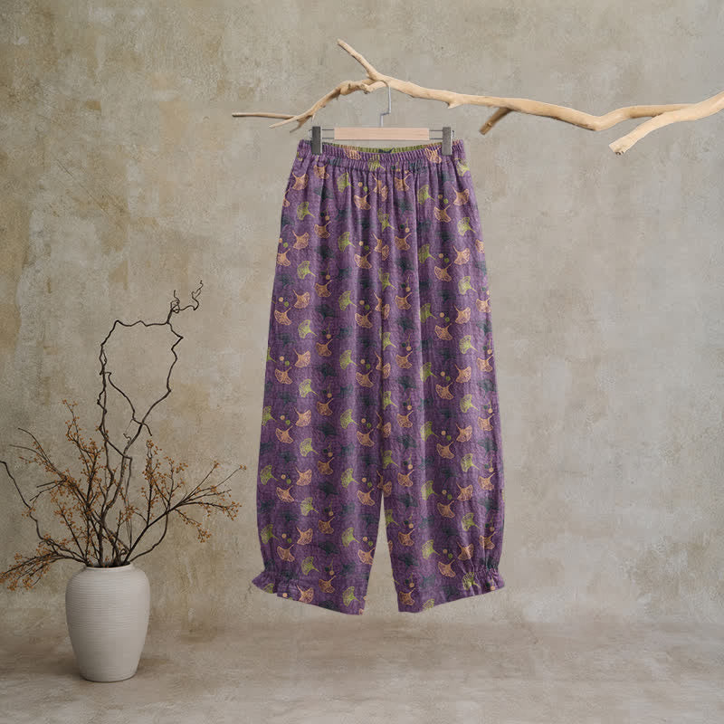 Retro‑Style Ginkgo Leaf Cotton Loose Lounge Pants Autumn Black Breathable Casual Pants Cotton Cotton Gauze Gauze Ginkgo Leaf Homewear L Leaf Loungewear newin260810 Nightwear Pajama Pajama Pants Pants Purple Sleep Pants Sleepwear Spring Summer Vintage women XL