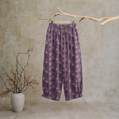 Retro‑Style Ginkgo Leaf Cotton Loose Lounge Pants Autumn Black Breathable Casual Pants Cotton Cotton Gauze Gauze Ginkgo Leaf Homewear L Leaf Loungewear newin260810 Nightwear Pajama Pajama Pants Pants Purple Sleep Pants Sleepwear Spring Summer Vintage women XL