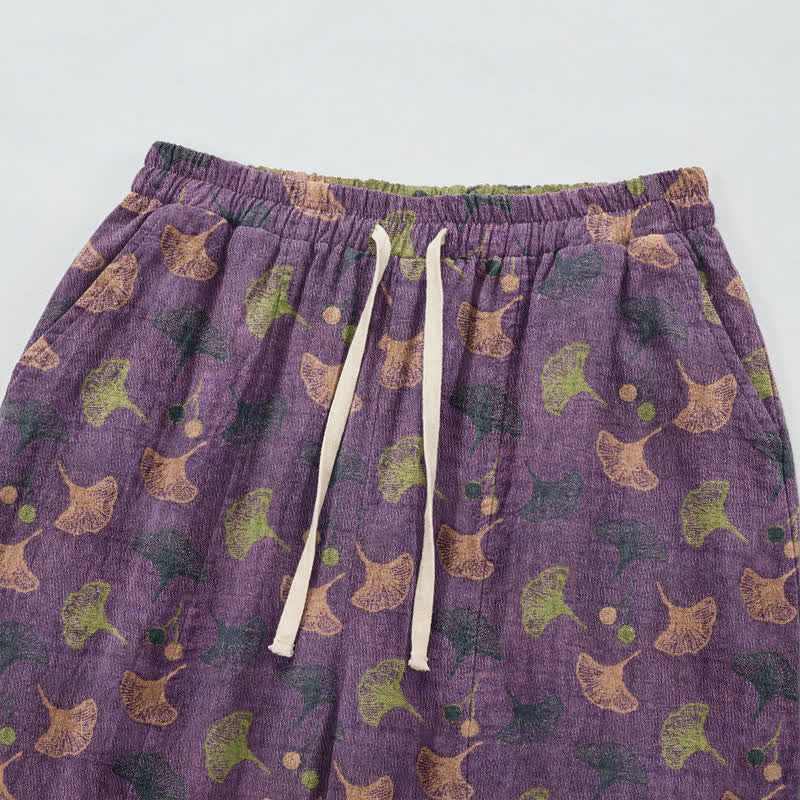 Retro‑Style Ginkgo Leaf Cotton Loose Lounge Pants Autumn Black Breathable Casual Pants Cotton Cotton Gauze Gauze Ginkgo Leaf Homewear L Leaf Loungewear newin260810 Nightwear Pajama Pajama Pants Pants Purple Sleep Pants Sleepwear Spring Summer Vintage women XL