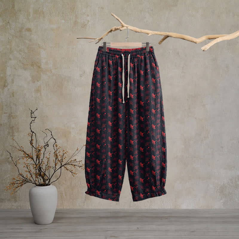 Retro‑Style Ginkgo Leaf Cotton Loose Lounge Pants Autumn Black Breathable Casual Pants Cotton Cotton Gauze Gauze Ginkgo Leaf Homewear L Leaf Loungewear newin260810 Nightwear Pajama Pajama Pants Pants Purple Sleep Pants Sleepwear Spring Summer Vintage women XL