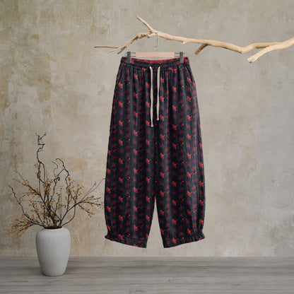 Retro‑Style Ginkgo Leaf Cotton Loose Lounge Pants Autumn Black Breathable Casual Pants Cotton Cotton Gauze Gauze Ginkgo Leaf Homewear L Leaf Loungewear newin260810 Nightwear Pajama Pajama Pants Pants Purple Sleep Pants Sleepwear Spring Summer Vintage women XL
