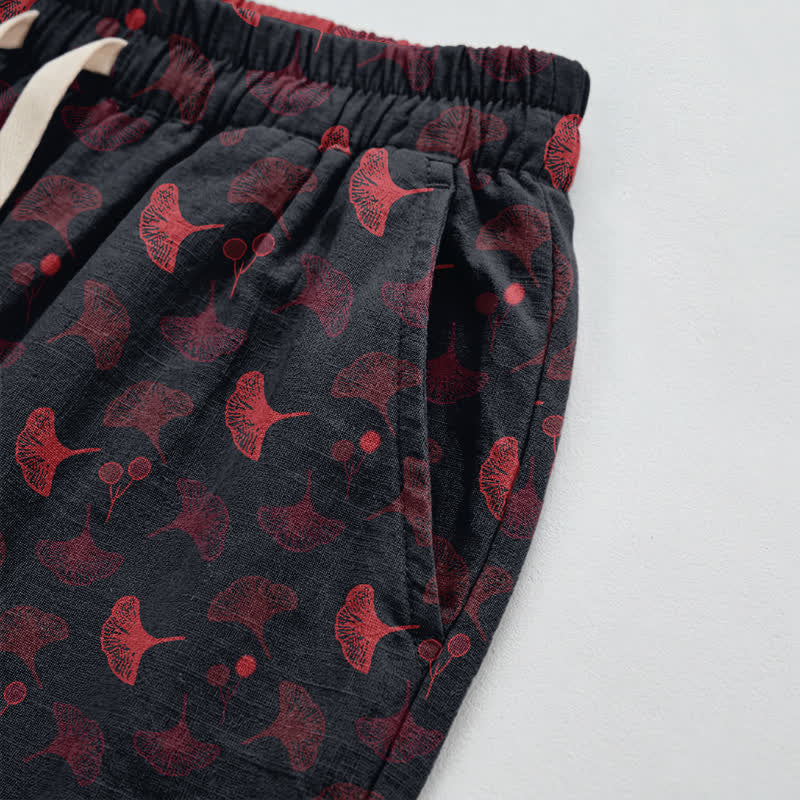 Retro‑Style Ginkgo Leaf Cotton Loose Lounge Pants Autumn Black Breathable Casual Pants Cotton Cotton Gauze Gauze Ginkgo Leaf Homewear L Leaf Loungewear newin260810 Nightwear Pajama Pajama Pants Pants Purple Sleep Pants Sleepwear Spring Summer Vintage women XL