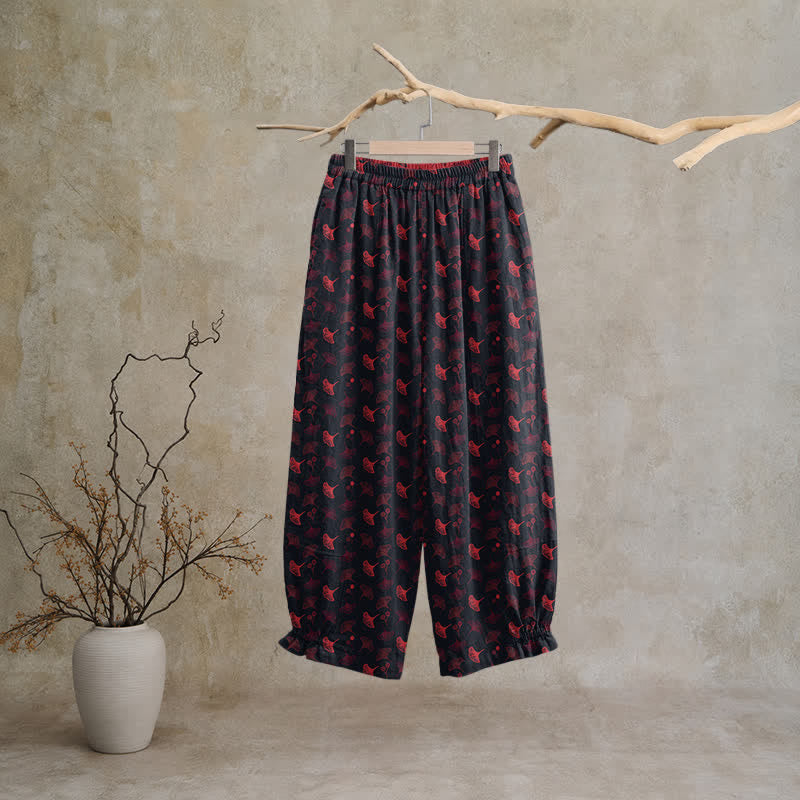 Retro‑Style Ginkgo Leaf Cotton Loose Lounge Pants Autumn Black Breathable Casual Pants Cotton Cotton Gauze Gauze Ginkgo Leaf Homewear L Leaf Loungewear newin260810 Nightwear Pajama Pajama Pants Pants Purple Sleep Pants Sleepwear Spring Summer Vintage women XL